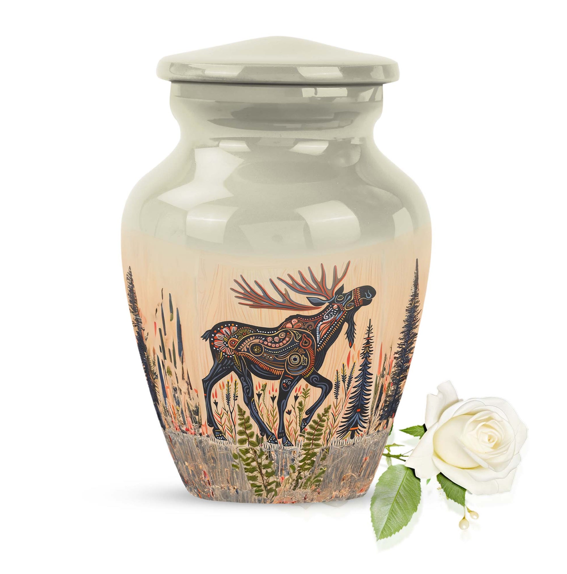 urn portraying a moose walking