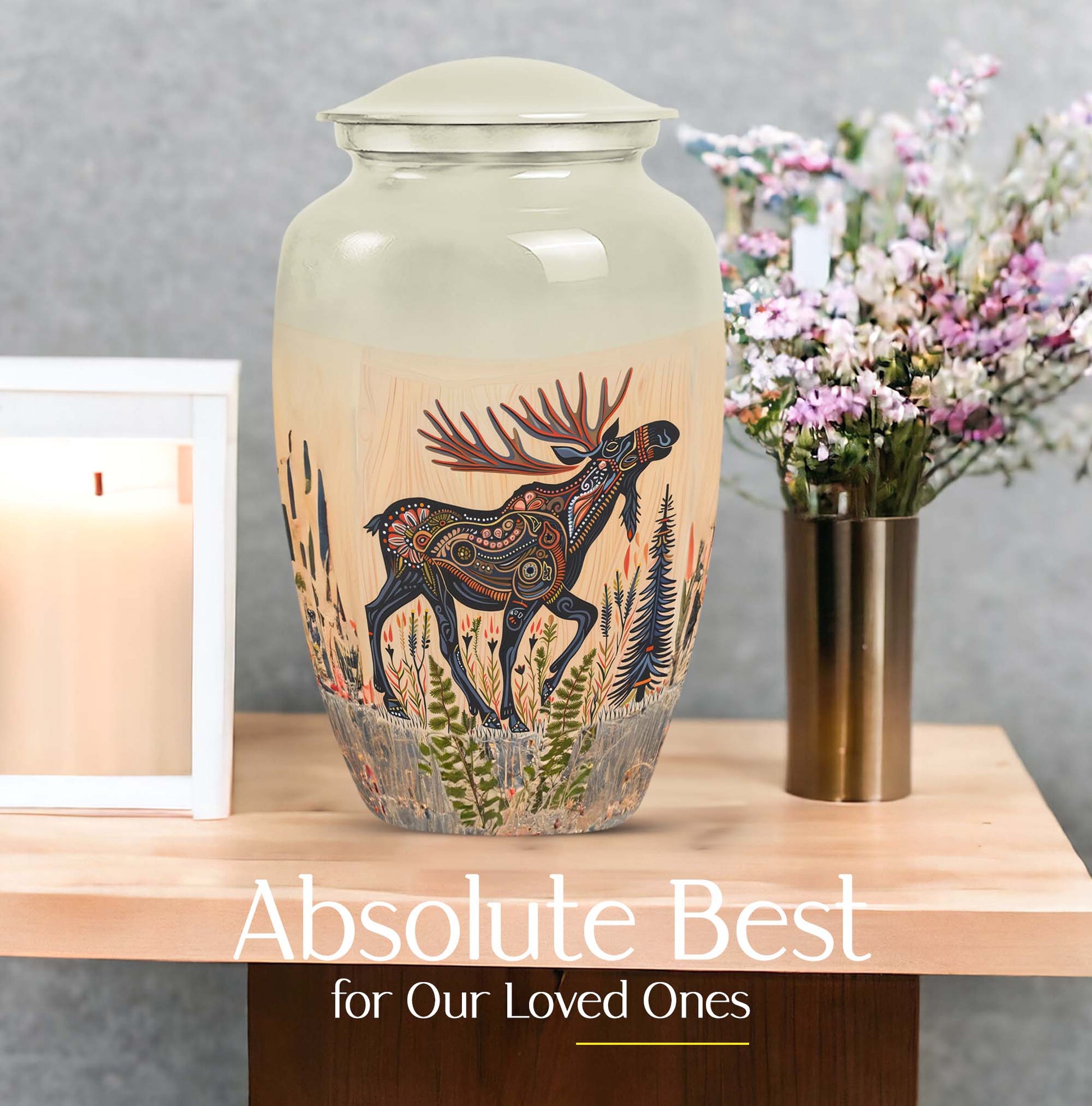 urn portraying a moose walking