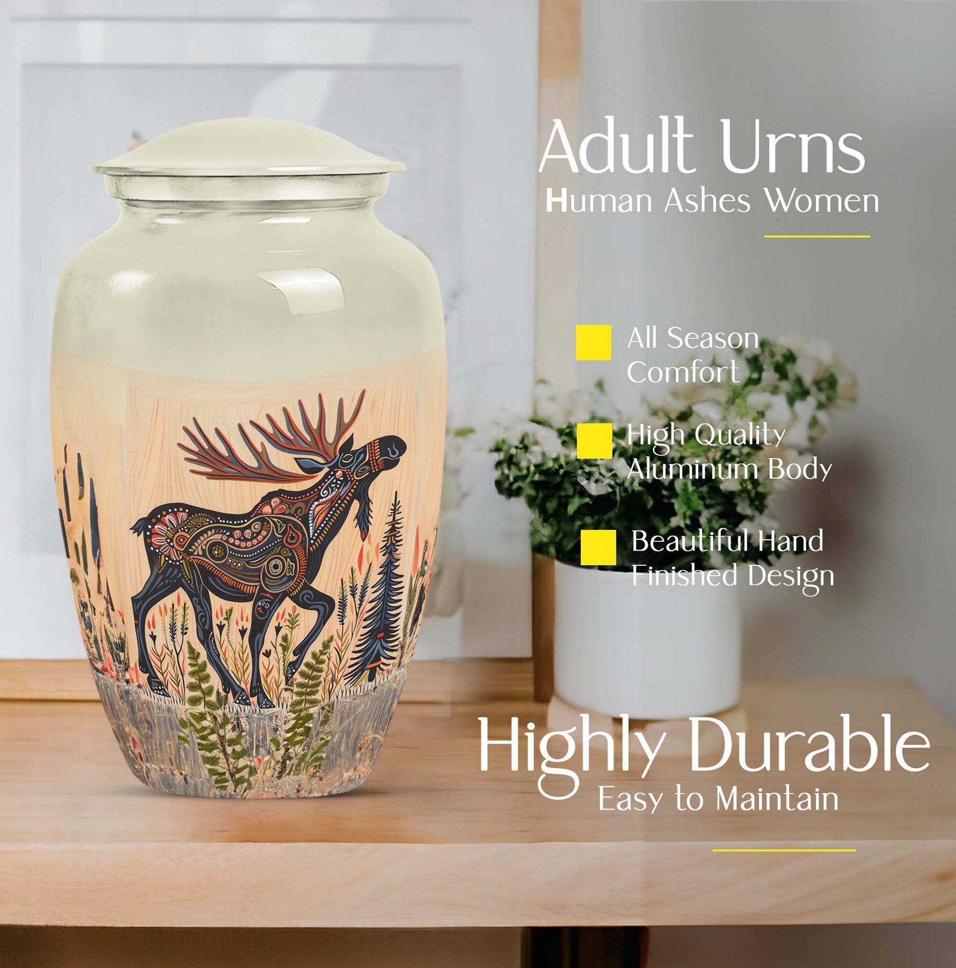 urn portraying a moose walking