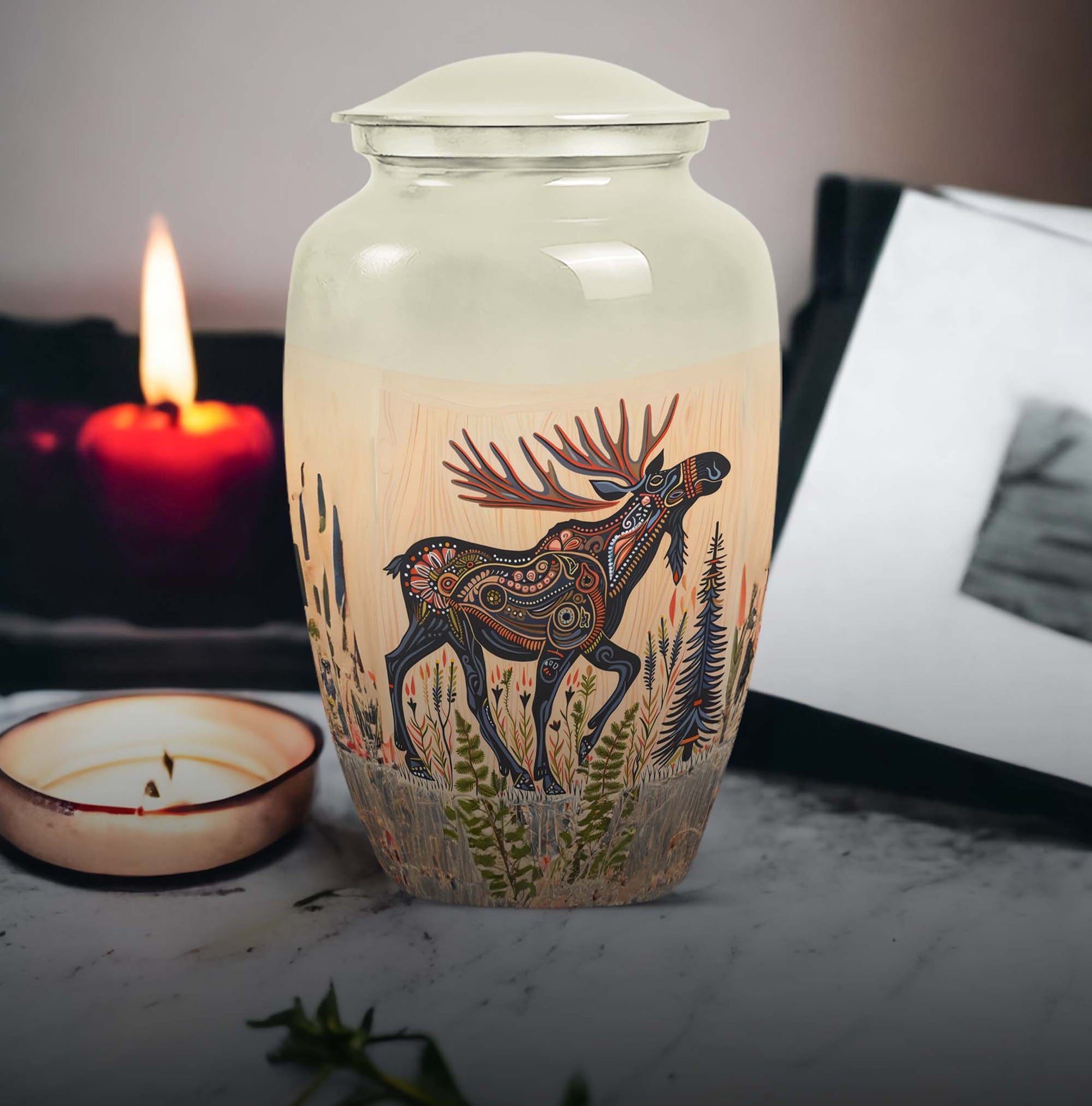 urn portraying a moose walking