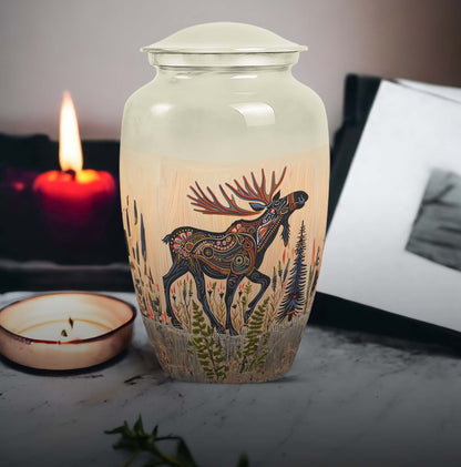 urn portraying a moose walking