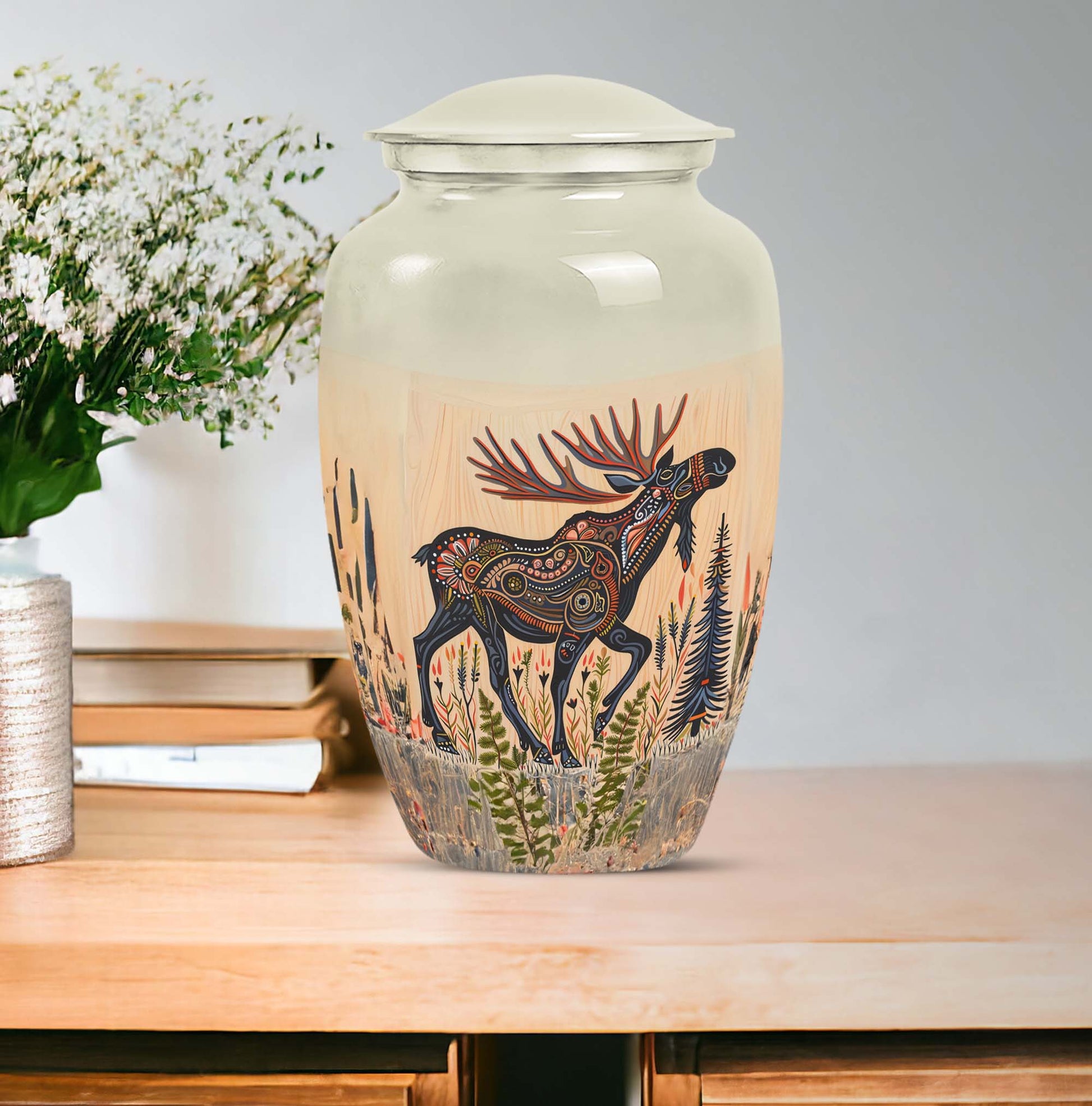 urn portraying a moose walking