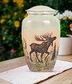 urn portraying a moose walking