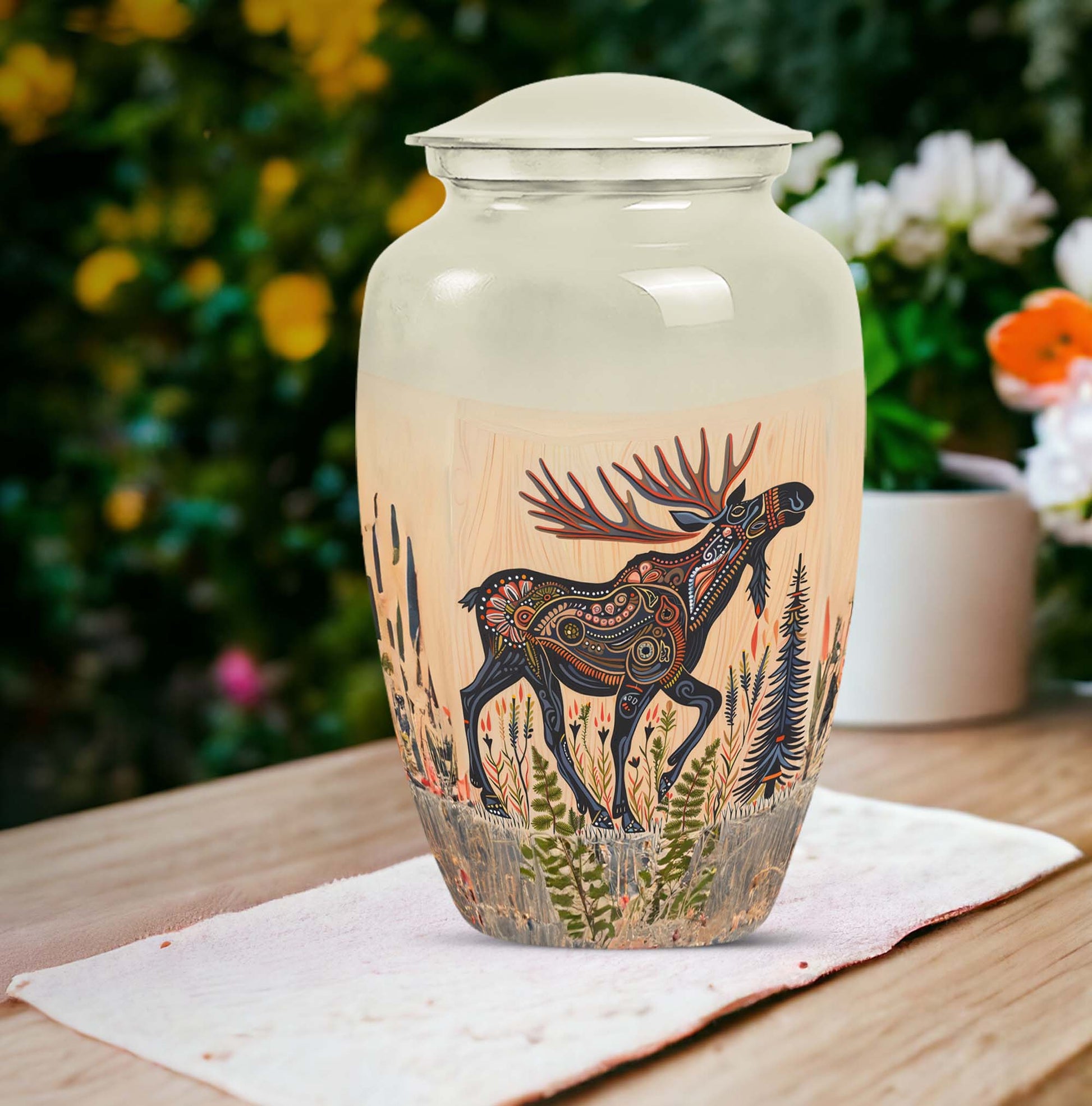 urn portraying a moose walking