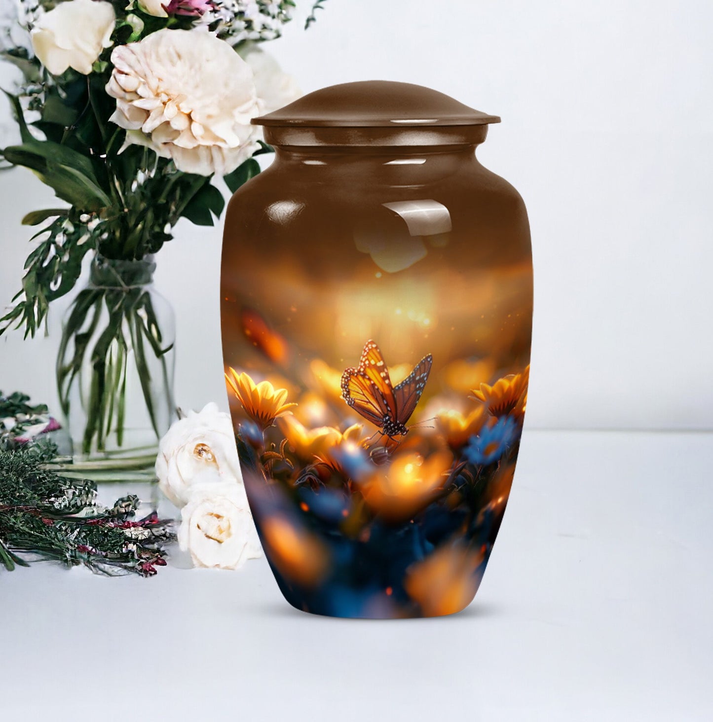 Classic 10-inch butterfly urn made of aluminium.