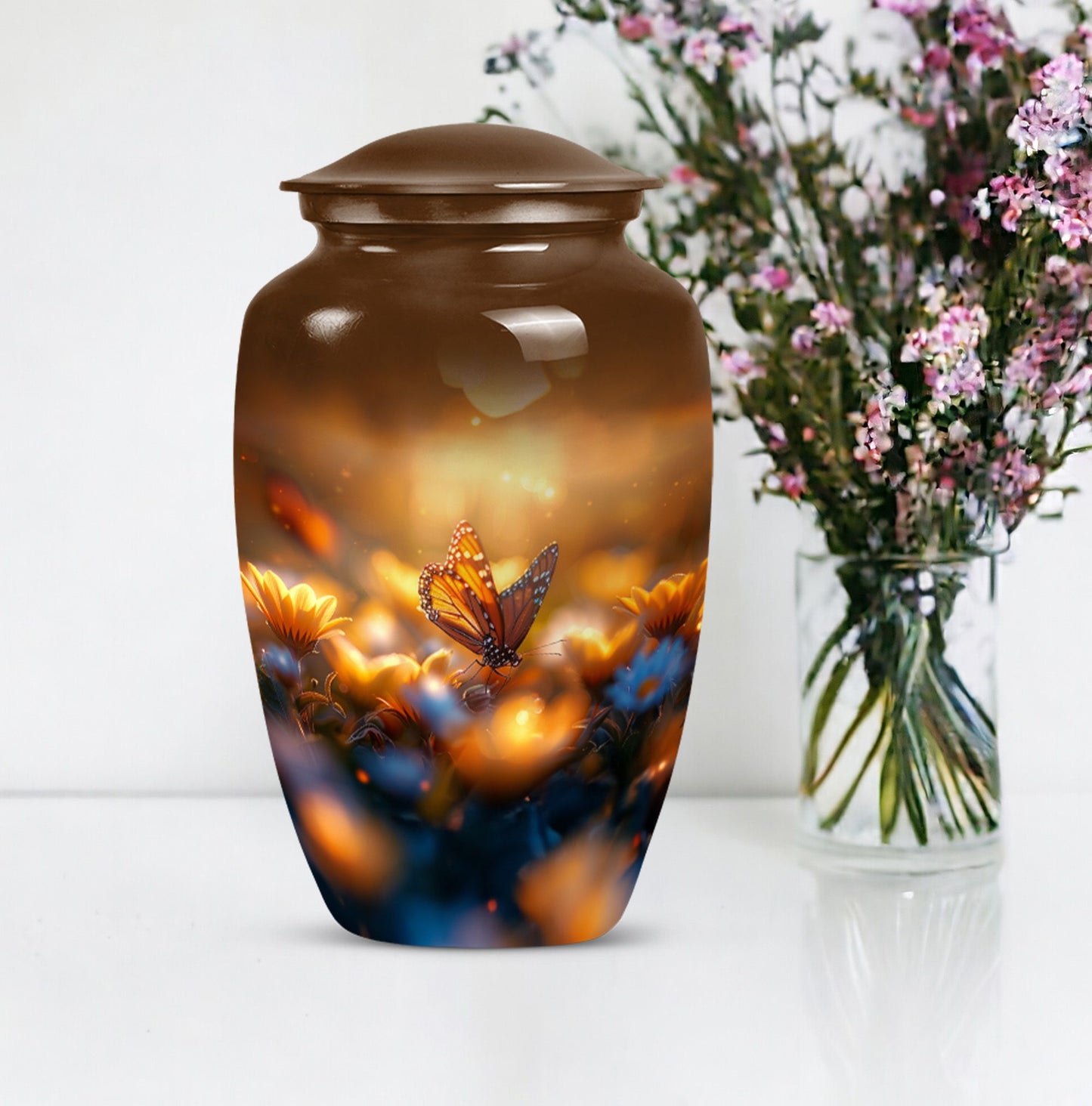 Classic 10-inch butterfly urn made of aluminium.
