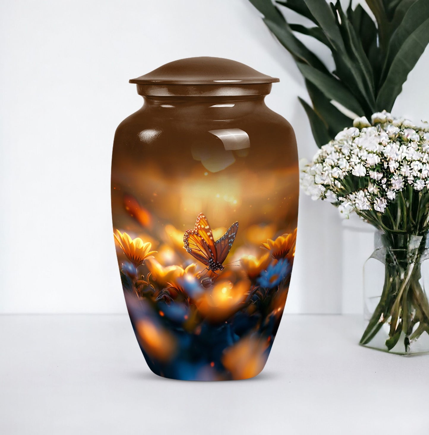Classic 10-inch butterfly urn made of aluminium.