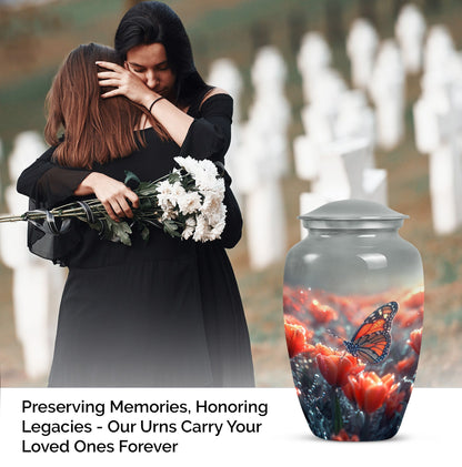 Classic butterfly-themed memorial urn for mom's ashes.