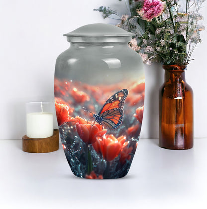 Classic butterfly-themed memorial urn for mom's ashes.