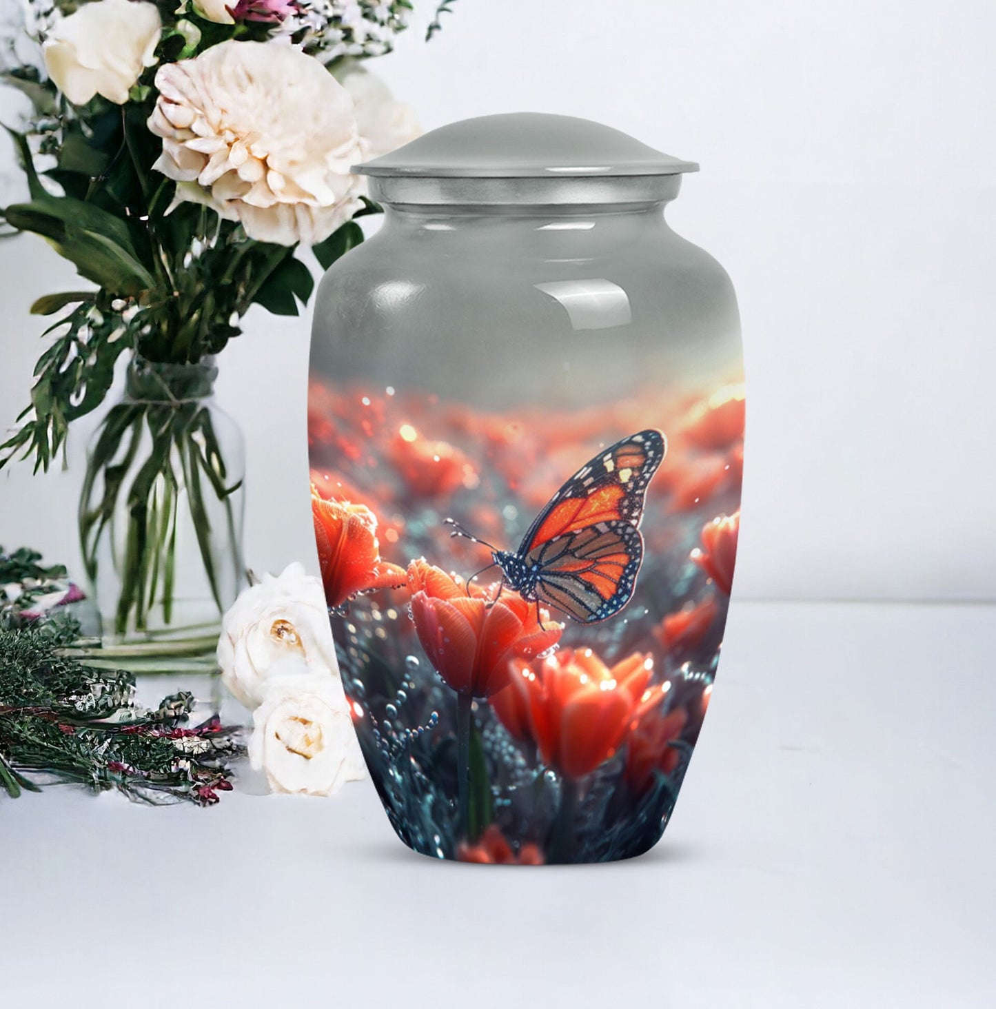 Classic butterfly-themed memorial urn for mom's ashes.