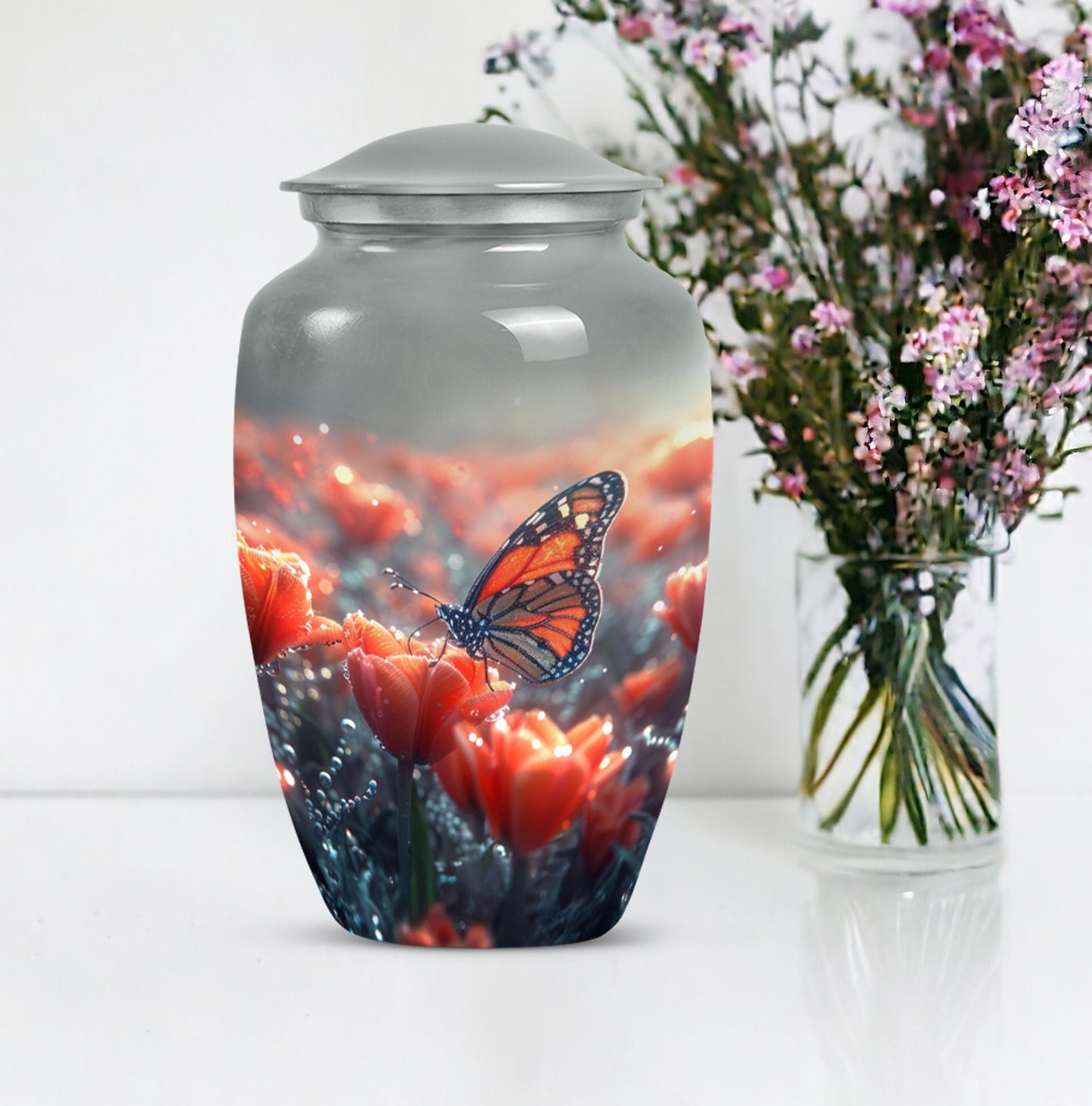Classic butterfly-themed memorial urn for mom's ashes.