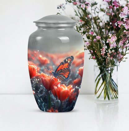 Classic butterfly-themed memorial urn for mom's ashes.