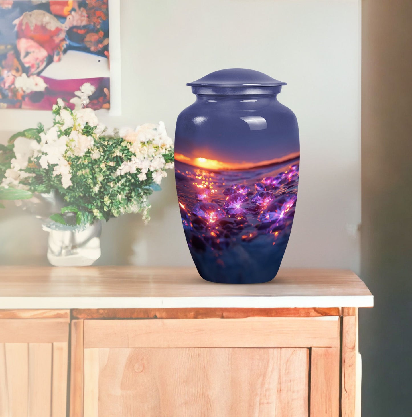 Classic 10-inch diamond urn for adult ashes.