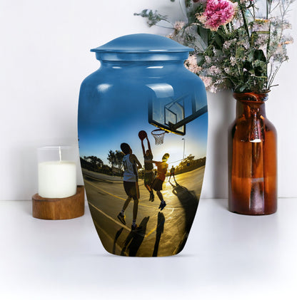 classic basketball urn, ideal memorial for male adults.