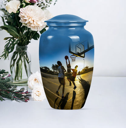 classic basketball urn, ideal memorial for male adults.