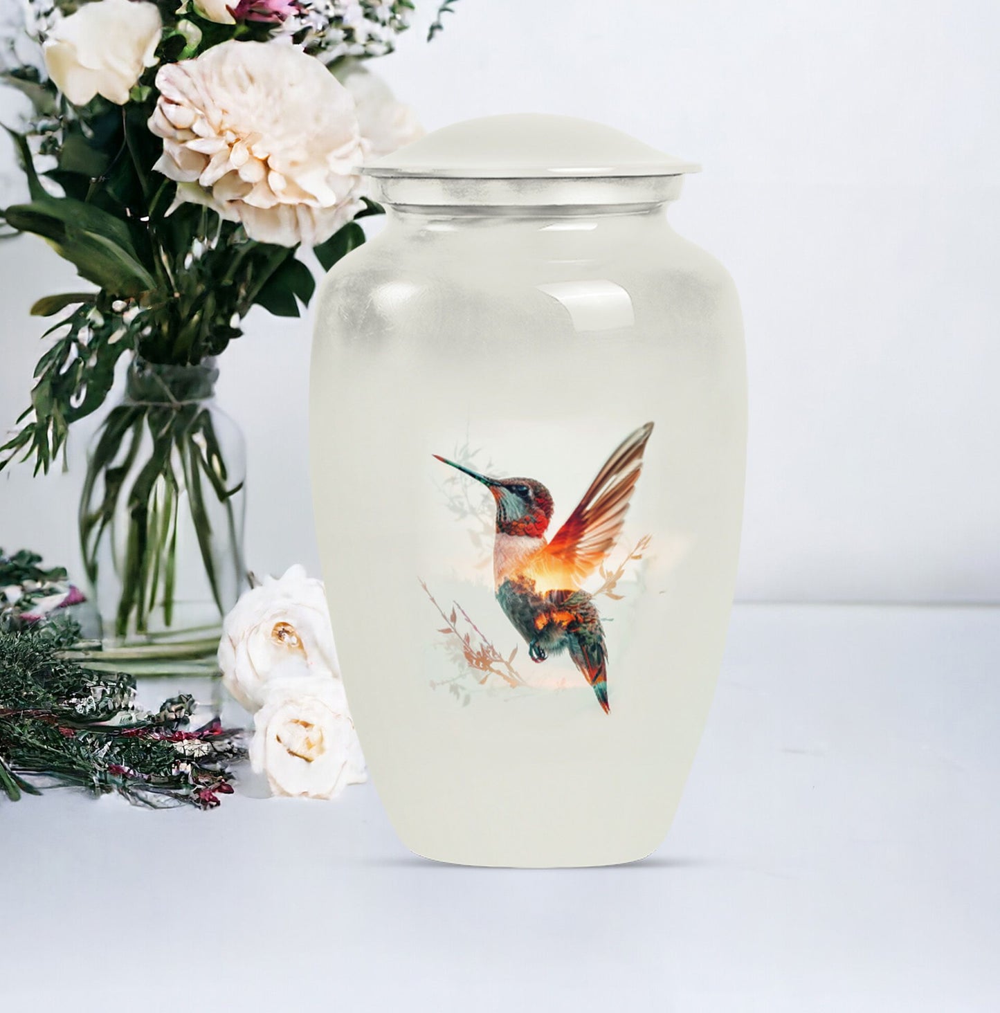 10-inch humming bird Urn, adult female memorial urn.