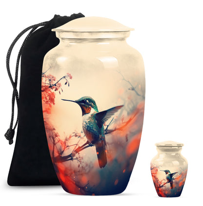 Classic 10-inch hummingbird-themed aluminum cremation urn