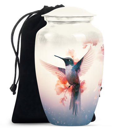Hummingbird Urn for Human Ashes with Pink Floral Accents, White Memorial Urn