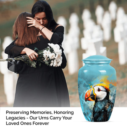 10-inch Puffin Bird Urn, classic memorial urn for adults.
