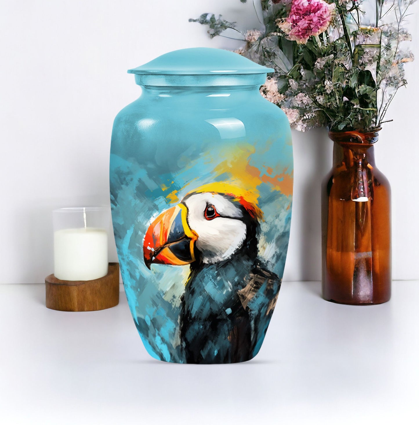 10-inch Puffin Bird Urn, classic memorial urn for adults.