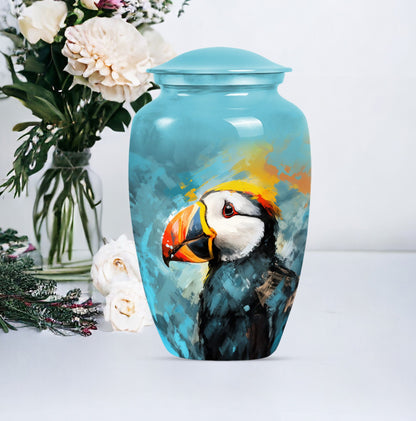10-inch Puffin Bird Urn, classic memorial urn for adults.