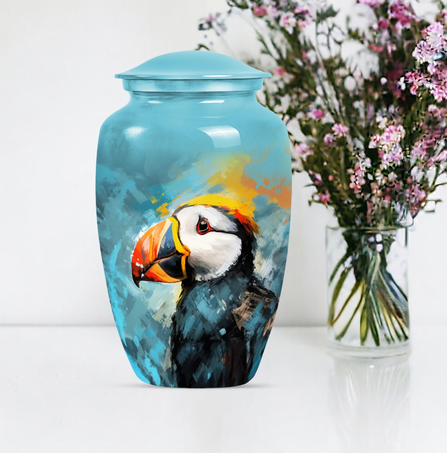 10-inch Puffin Bird Urn, classic memorial urn for adults.