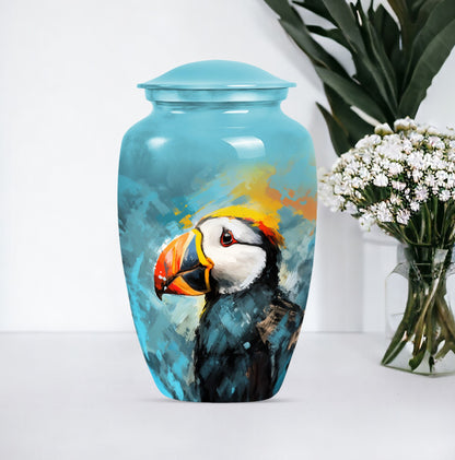 10-inch Puffin Bird Urn, classic memorial urn for adults.