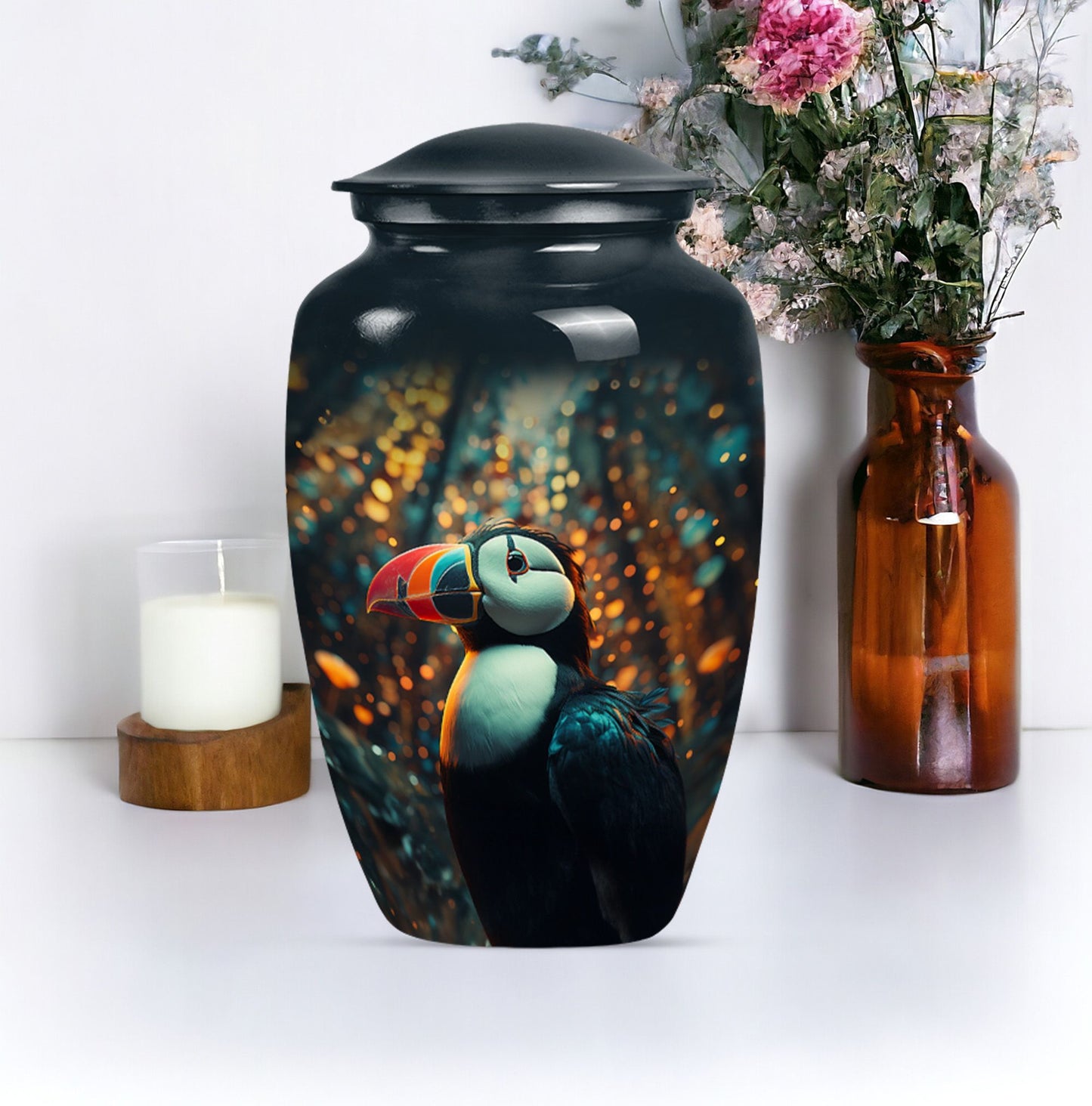 Classic 10-inch Puffin Bird Urn for human ashes.