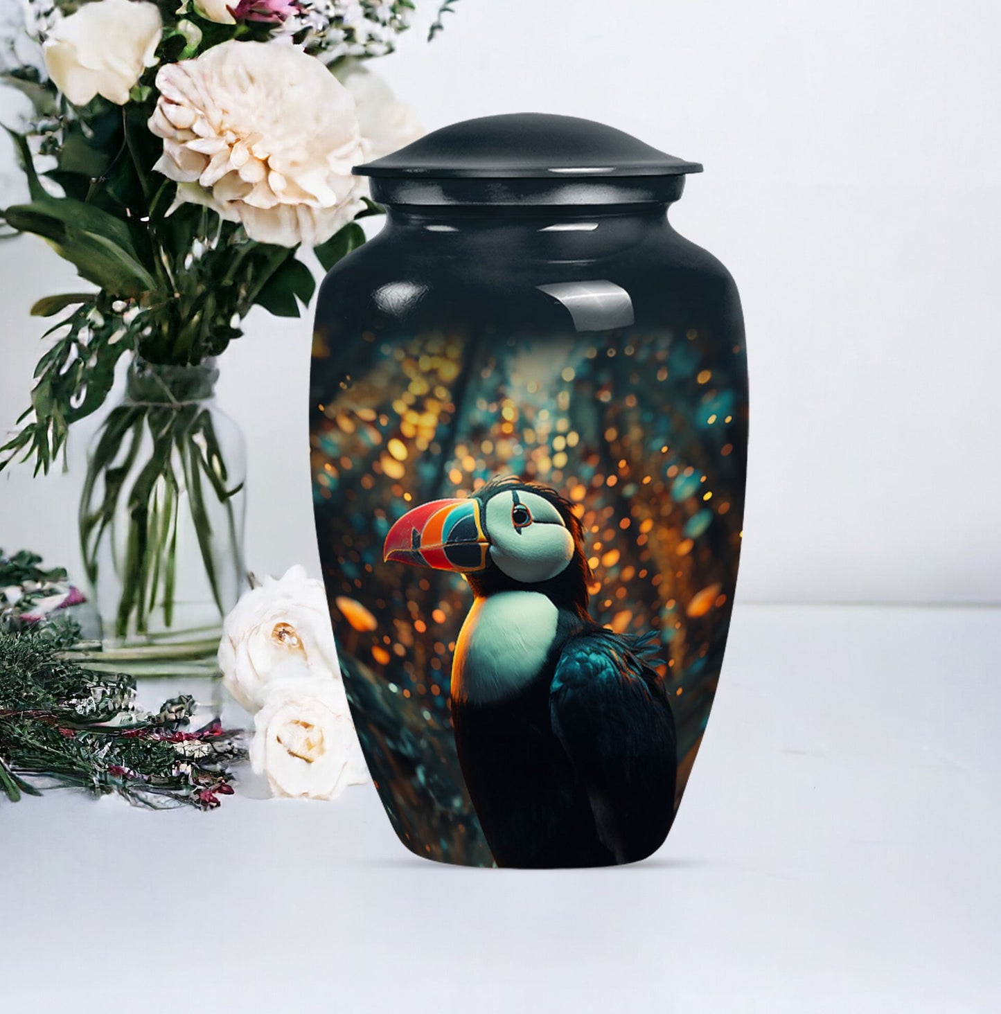 Classic 10-inch Puffin Bird Urn for human ashes.
