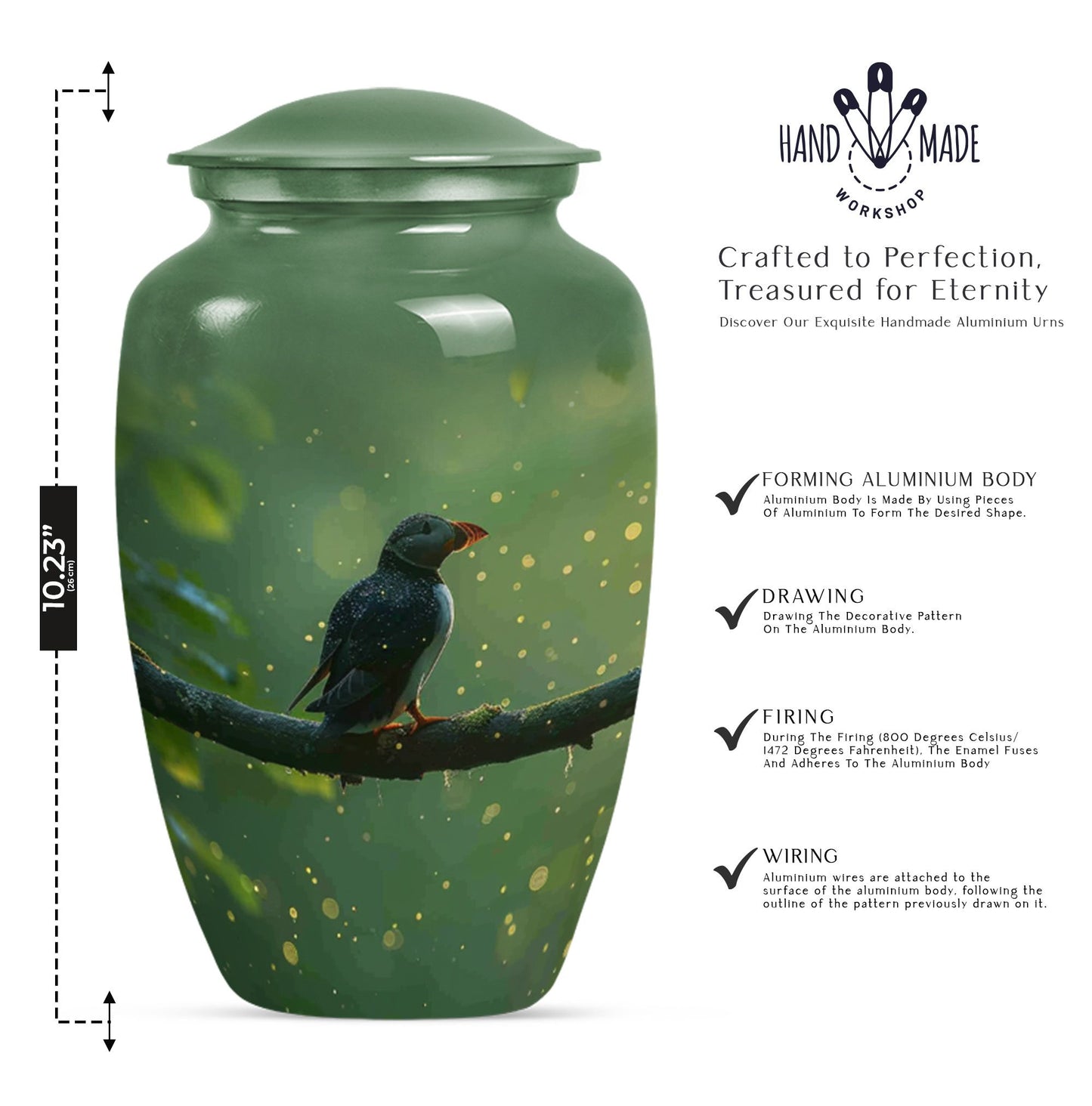 10-inch puffin bird urn.