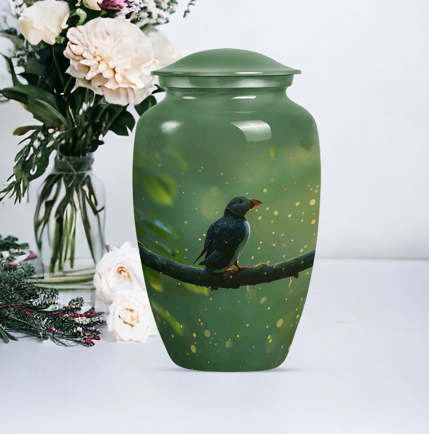 10-inch puffin bird urn.