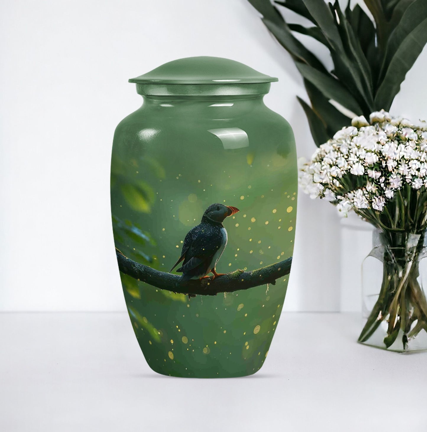 10-inch puffin bird urn.