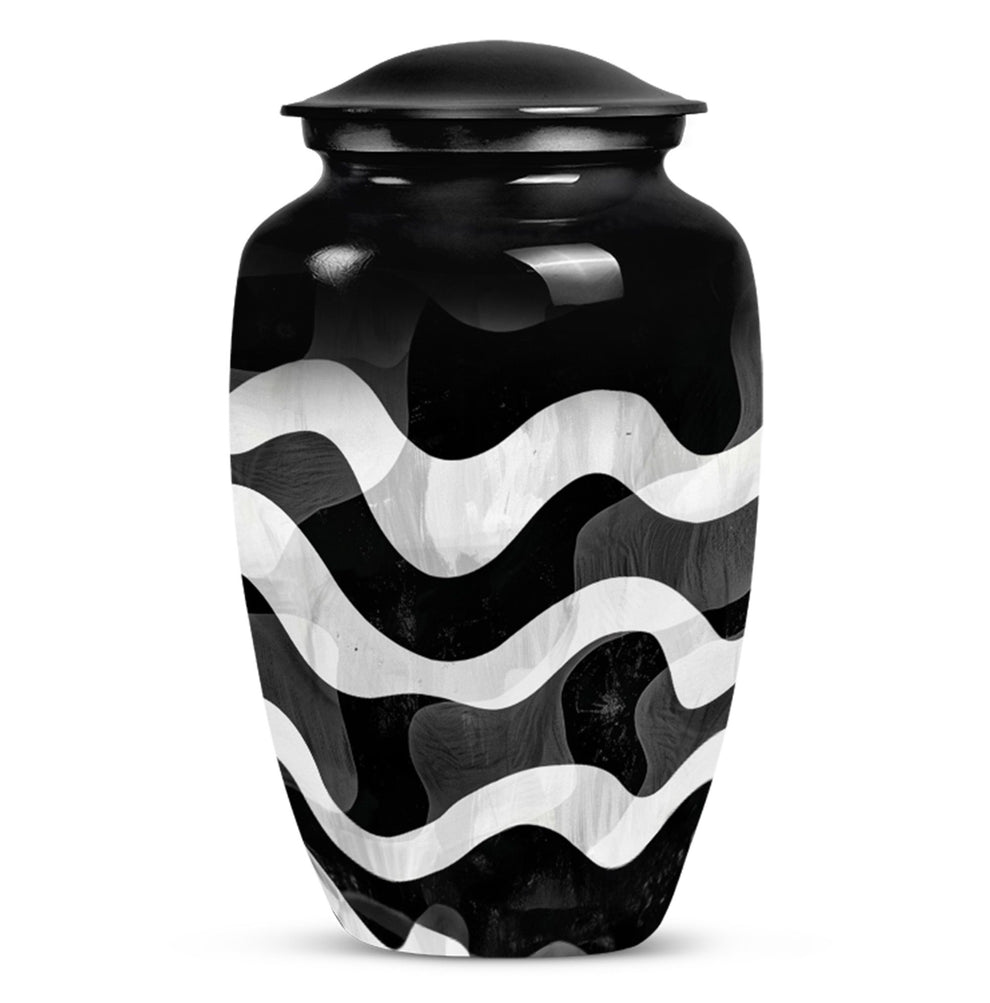 Black and white abstract marble-style cremation urn for ashes