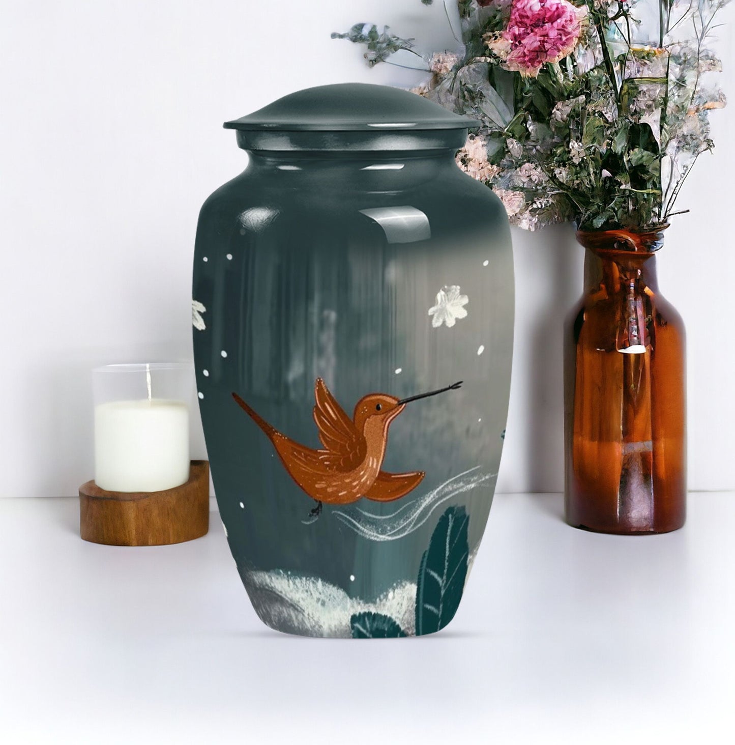 Classic 10-inch humming bird urn for memorial burial.