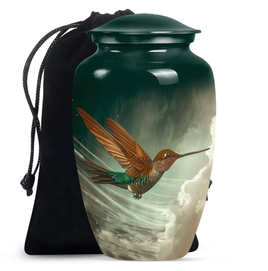 Large classic humming bird design aluminium cremation urn.