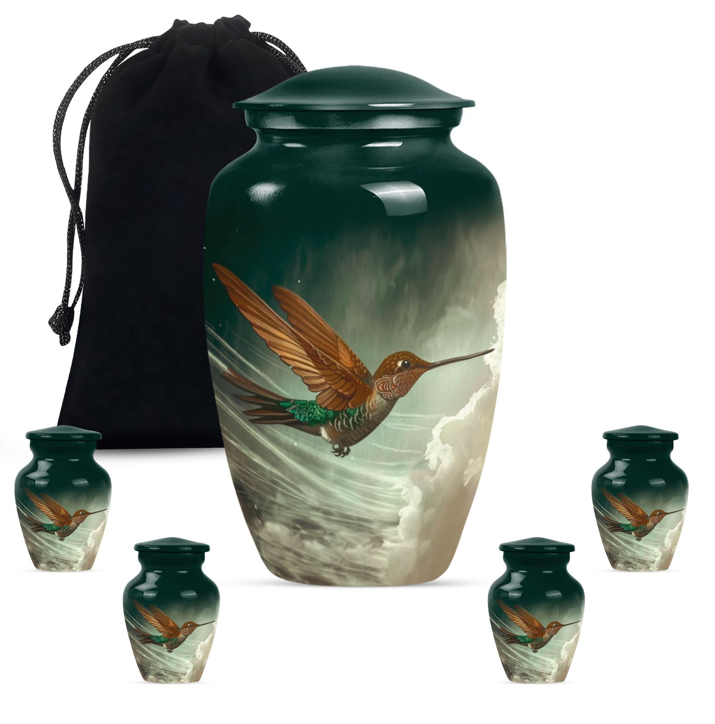 Large classic humming bird design aluminium cremation urn.