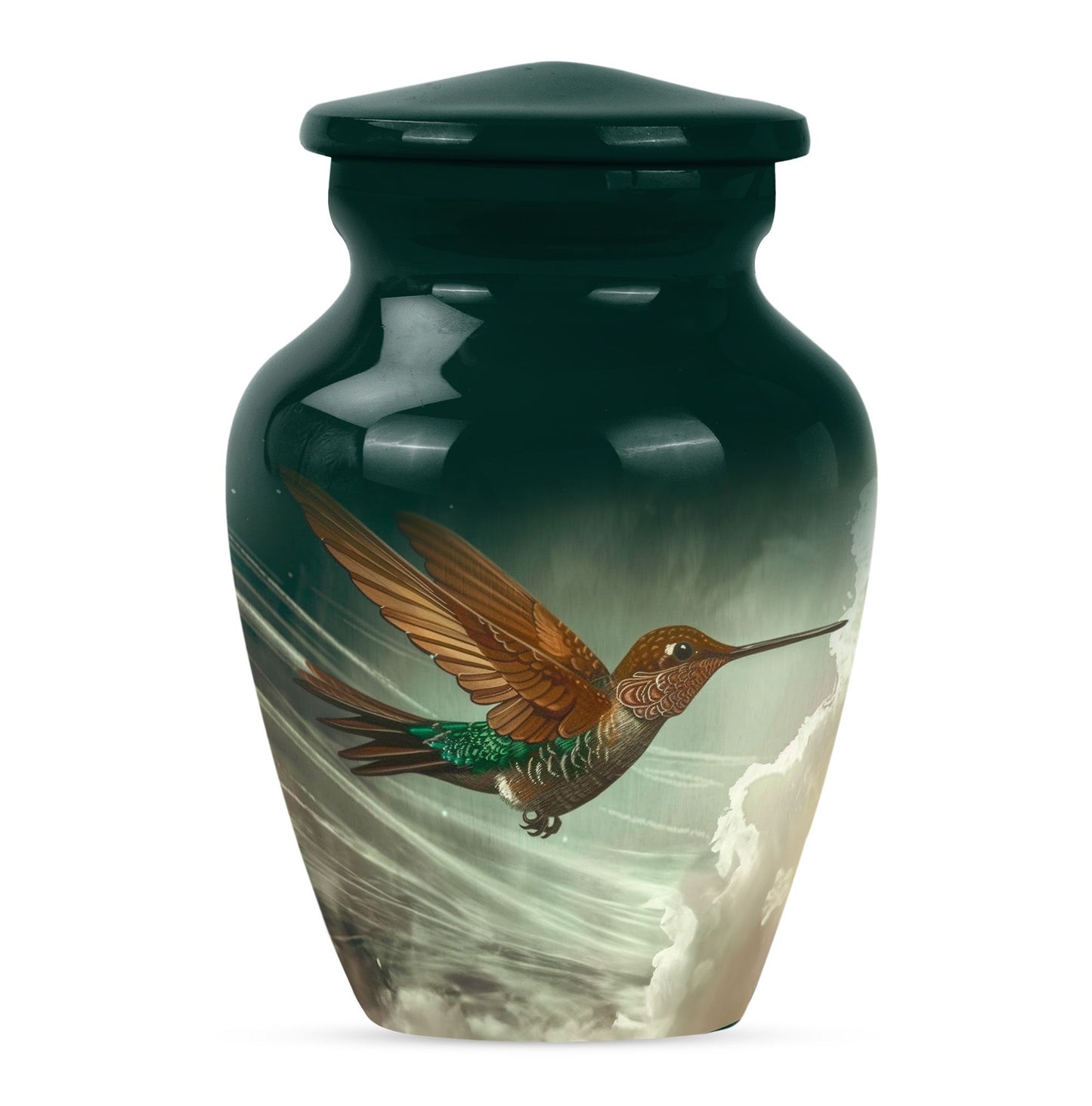 Large classic humming bird design aluminium cremation urn.