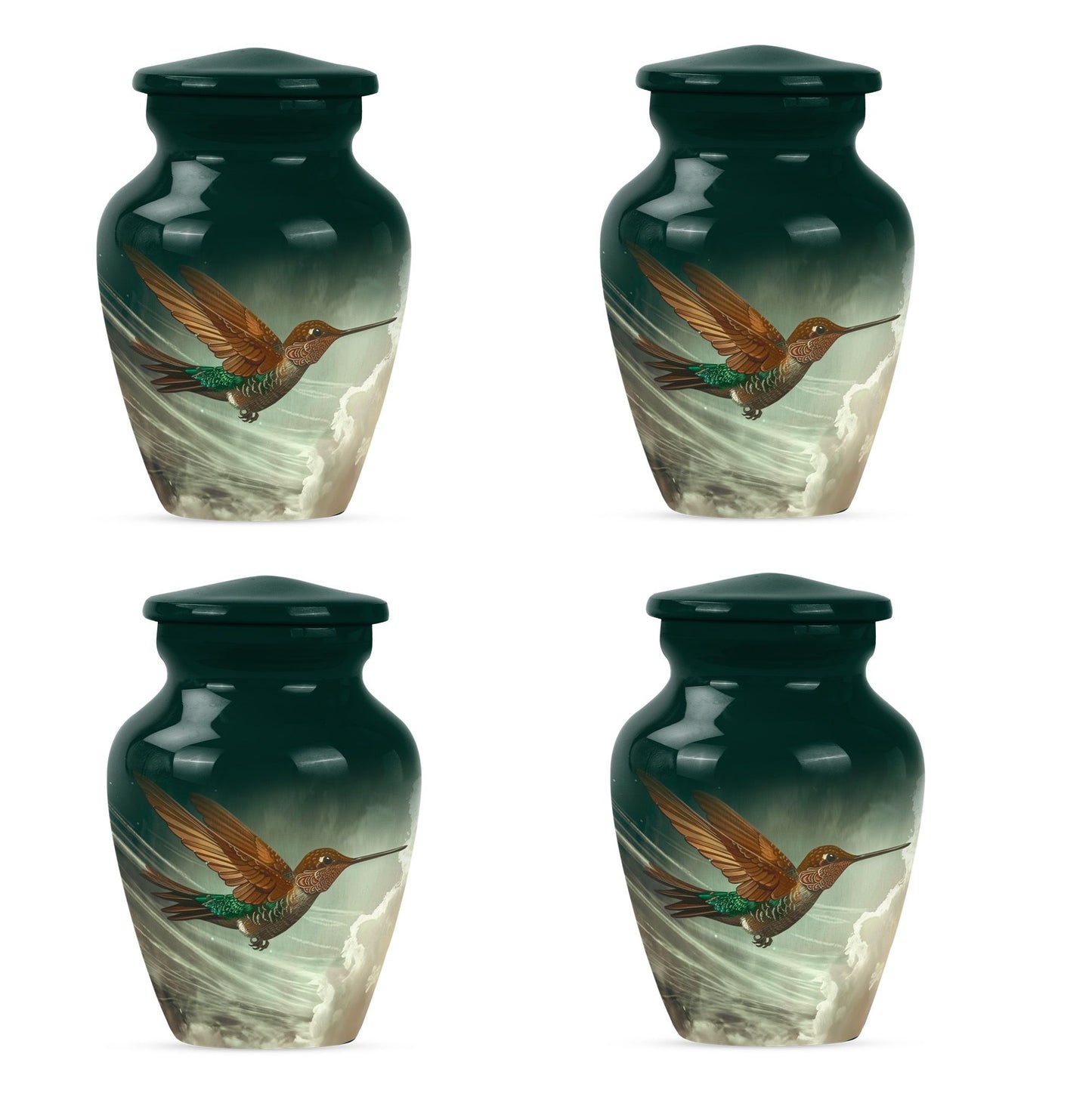 Large classic humming bird design aluminium cremation urn.