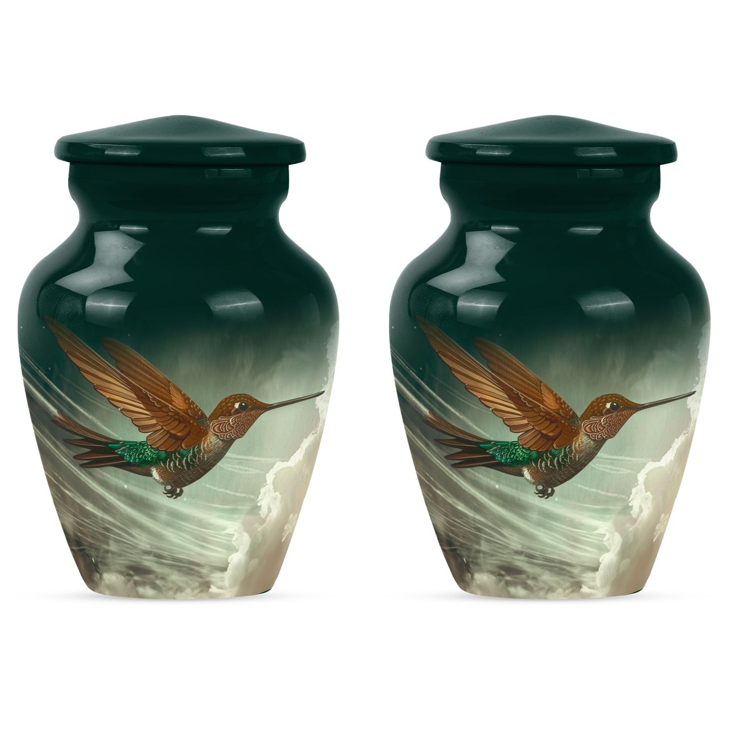 Large classic humming bird design aluminium cremation urn.