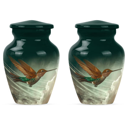 Large classic humming bird design aluminium cremation urn.