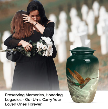 Large classic humming bird design aluminium cremation urn.