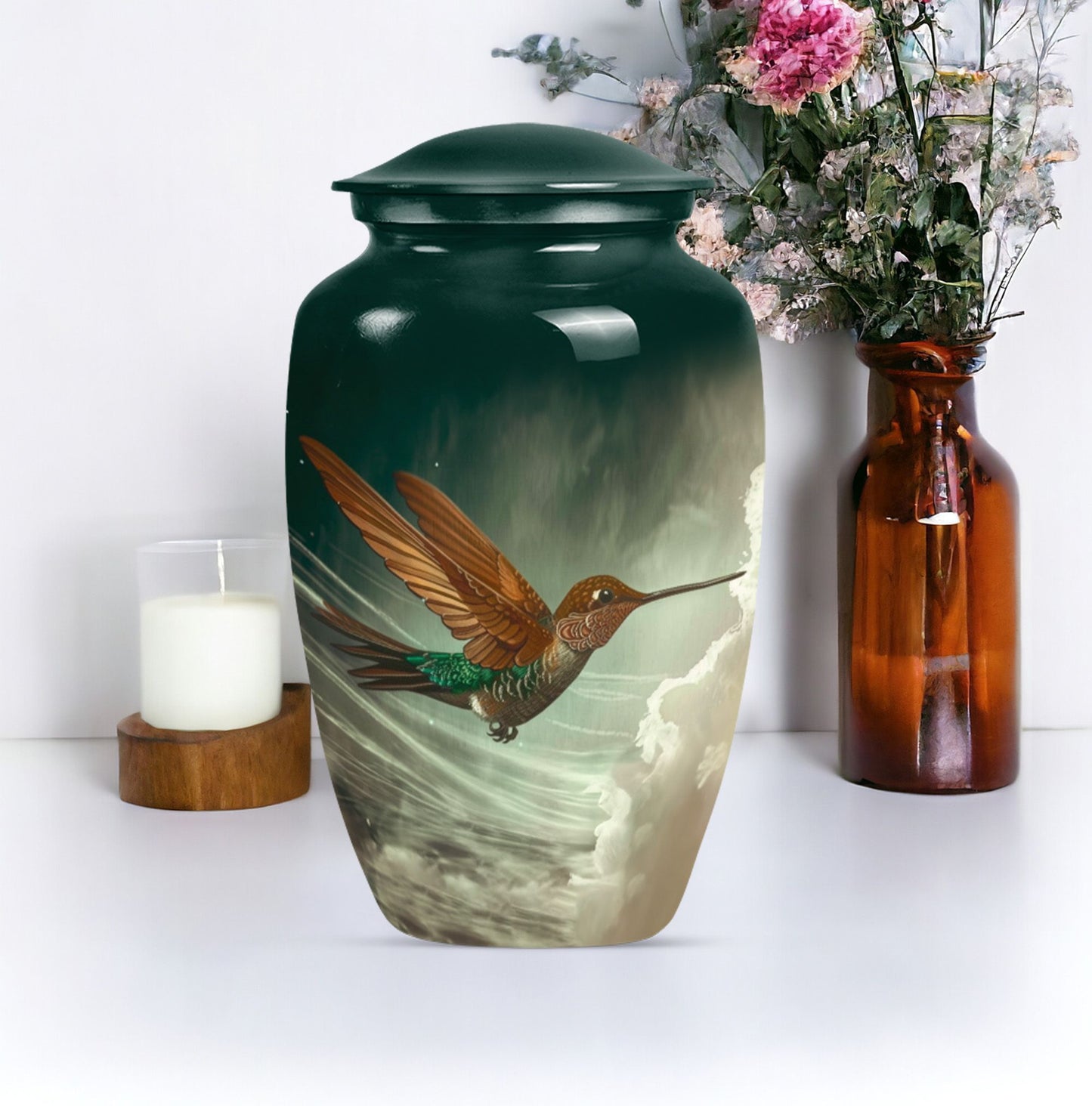 Large classic humming bird design aluminium cremation urn.