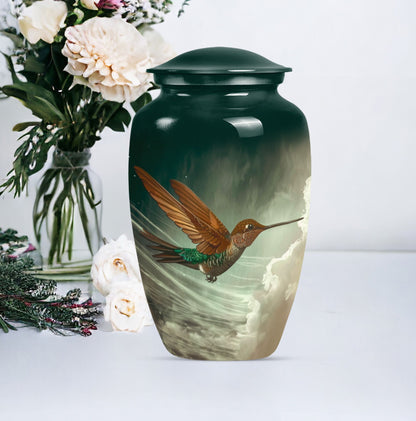 Large classic humming bird design aluminium cremation urn.