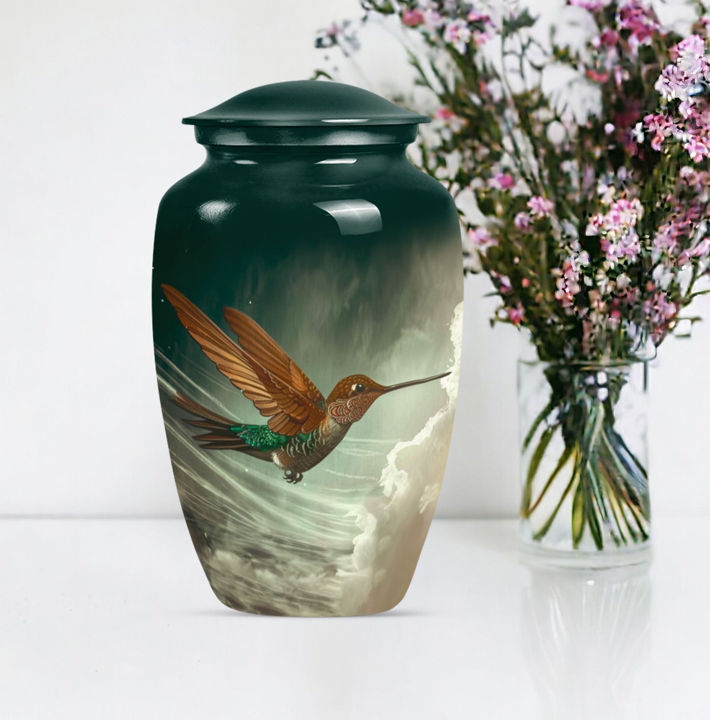 Large classic humming bird design aluminium cremation urn.