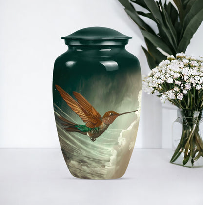 Large classic humming bird design aluminium cremation urn.