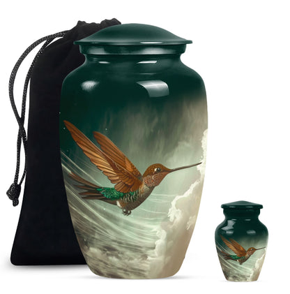 Large classic humming bird design aluminium cremation urn.
