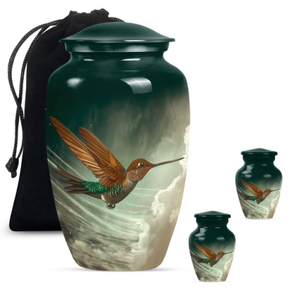 Large classic humming bird design aluminium cremation urn.