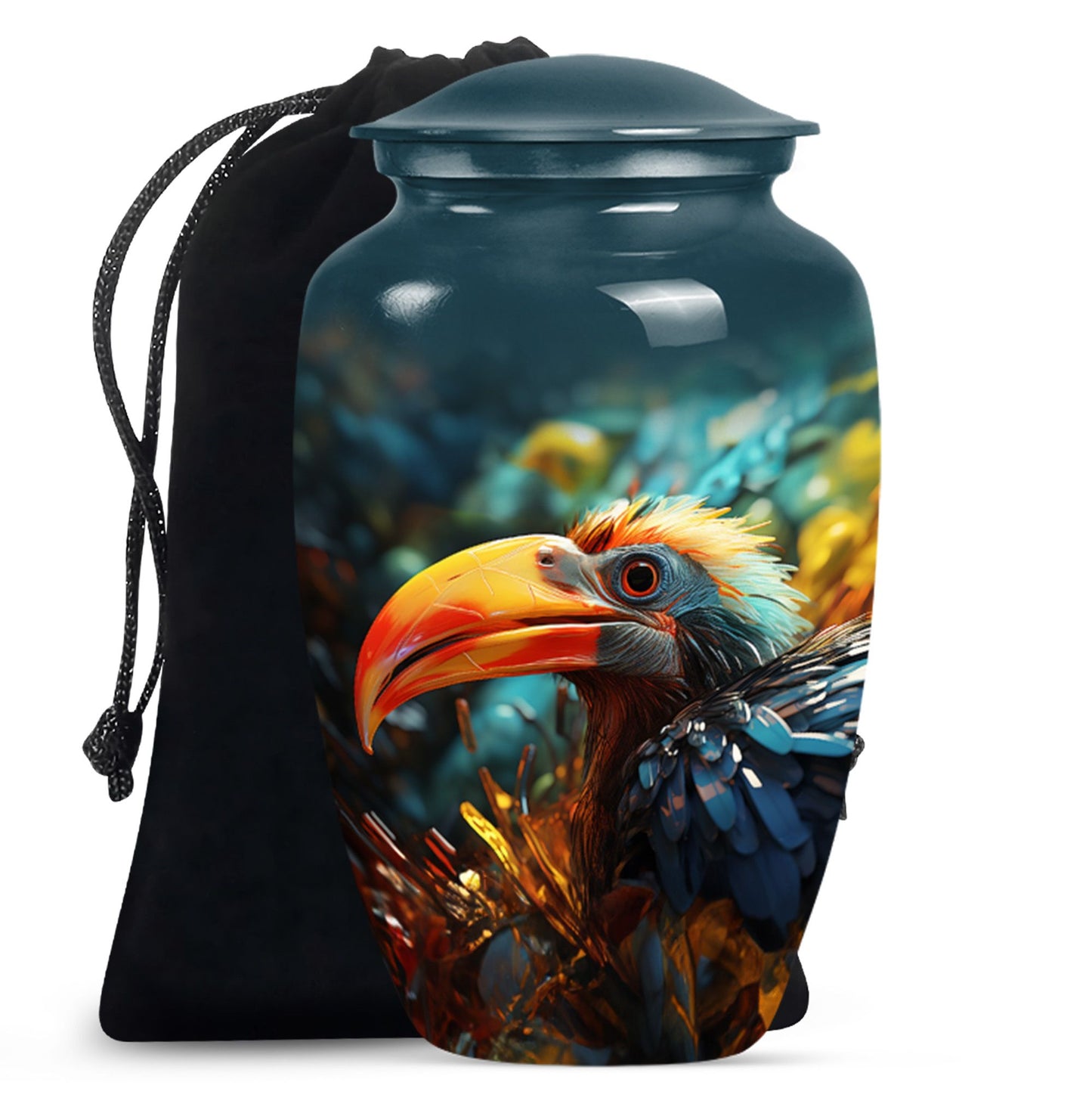 Classic Toucans Urn, an abstract aluminium cremation urn.