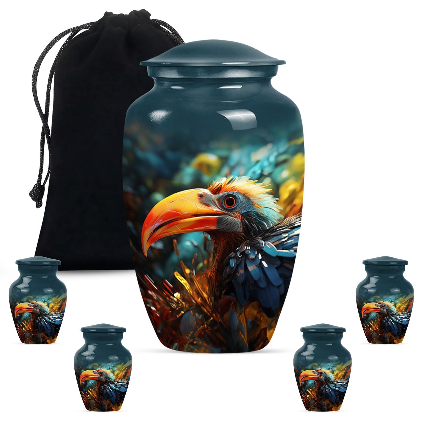 Classic Toucans Urn, an abstract aluminium cremation urn.