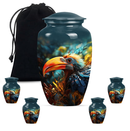Classic Toucans Urn, an abstract aluminium cremation urn.